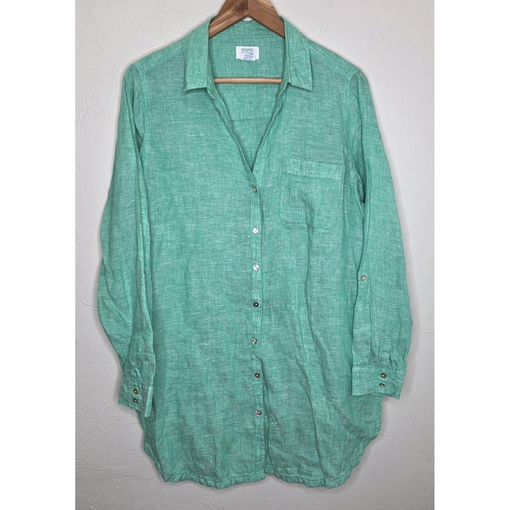 Sigrid Olsen Womens Green 100% Linen Top Size Large Tunic Button Roll Tab Sleeve